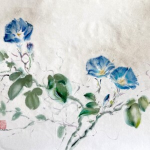 Powój ozdobny Tusz sumi, kolorowe tusze saiboku i 24-karatowe złoto na ręcznie wykonanym papierze washi 35 × 47 cm Sumi ink, saiboku inks and 24-karat gold on handmade washi paper 35 × 47 cm