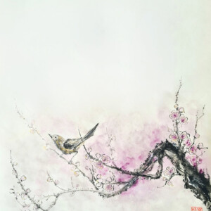 Bird on Plum Branch / Ptak na Gałęzi Śliwy Sumi ink, saiboku inks and 24-karat gold on handmade washi paper 32 × 35 cm Tusz sumi, kolorowe tusze saiboku i 24-karatowe złoto na ręcznie wykonanym papierze washi 32 × 35 cm