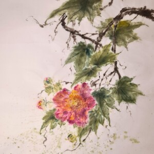 Blossoming / Zakwitanie Sumi ink, saiboku inks and 24-karat gold on handmade washi paper 38 × 35 cm Tusz sumi, kolorowe tusze saiboku i 24-karatowe złoto na ręcznie wykonanym papierze washi 38 × 35 cm