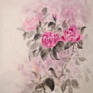 Sumi ink and saiboku inks on handmade washi paper 35 × 27 cm Tusz sumi i kolorowe tusze saiboku na ręcznie wykonanym papierze washi 35 × 27 cm