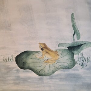 After Ohara Koson Sumi ink and saiboku inks on handmade washi paper with delicate silver iridescence 25 × 28 cm Po Oharze Kosonie Tusz sumi i kolorowe tusze saiboku na ręcznie wykonanym papierze washi z delikatną srebrną poświatą 25 × 28 cm