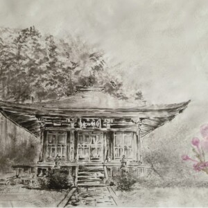 Konrinji Temple / Świątynia Konrinji Sumi ink, saiboku inks and 24-karat gold on handmade washi paper 25 × 35 cm Tusz sumi, kolorowe tusze saiboku i 24-karatowe złoto na ręcznie wykonanym papierze washi 25 × 35 cm