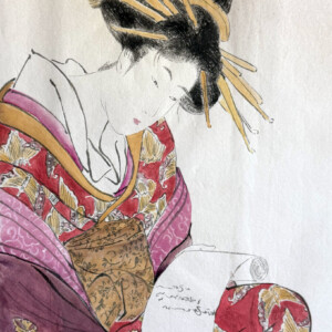 Matsubaya Yosoi 松葉屋よそい After Kitagawa Utamaro Saiboku inks, mineral pigments and sumi ink ground on suzuri stone on Japanese paper with subtle gold flecks 40 × 26 cm Po Kitagawie Utamaro Kolorowe tusze saiboku, pigmenty mineralne i tusz sumi rozcierany na kamieniu suzuri na papierze japońskim z subtelnymi złotymi drobinkami 40 × 26 cm