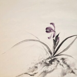 Orchid / Orchidea Sumi ink and saiboku inks on handmade washi paper 35 × 22 cm Tusz sumi i kolorowe tusze saiboku na ręcznie wykonanym papierze washi 35 × 22 cm