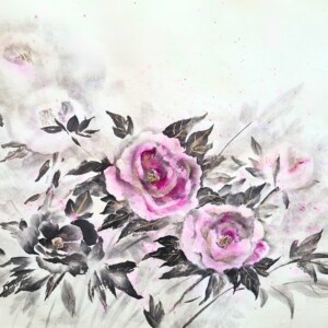 Peonies / Piwonie Saiboku inks, sumi ink and 24-karat gold on handmade washi paper 35 × 50 cm Kolorowe tusze saiboku, tusz sumi i 24-karatowe złoto na ręcznie wykonanym papierze washi 35 × 50 cm