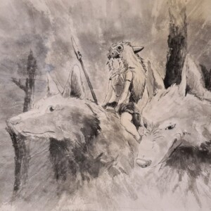 Princess Mononoke / Księżniczka Mononoke Sumi ink on Japanese paper with delicate silver and gold flecks 28 × 35 cm Tusz sumi na papierze japońskim z delikatnymi srebrnymi i złotymi drobinkami 28 × 35 cm
