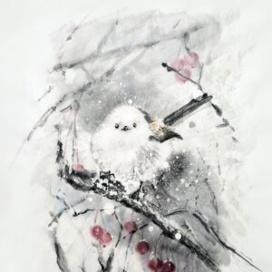 Raniuszek / Long-Tailed Tit Sumi ink and saiboku inks on handmade washi paper 35 × 26 cm Tusz sumi i kolorowe tusze saiboku na ręcznie wykonanym papierze washi 35 × 26 cm