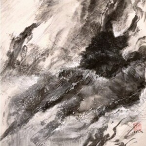 Serenade of Peace / Serenada Pokoju Black sumi ink, white ink and 24-karat gold on handmade washi paper 97 × 35 cm Czarny tusz sumi, biały tusz i 24-karatowe złoto na ręcznie wykonanym papierze washi 97 × 35 cm