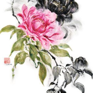 Peony / Piwonia Sumi ink, gansai and 24-karat gold on handmade washi paper 34 × 28 cm Tusz sumi, farby gansai i 24-karatowe złoto na ręcznie wykonanym papierze washi 34 × 28 cm