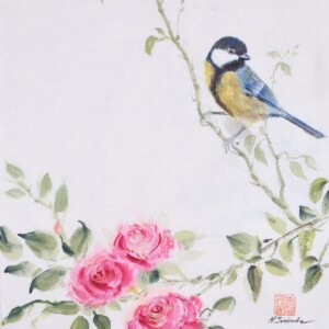 Blue Tit on a Rose / Sikorka na róży Sumi ink, gansai and 24-karat gold on handmade washi paper 35 × 25 cm Tusz sumi, farby gansai i 24-karatowe złoto na ręcznie wykonanym papierze washi 35 × 25 cm