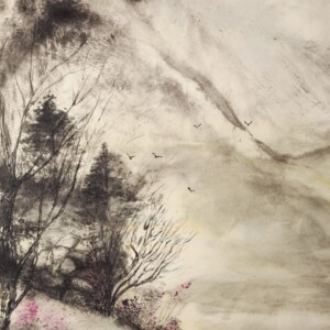 The Journey / Wędrówka Sumi ink and saiboku inks on handmade washi paper 38 × 35 cm Tusz sumi i kolorowe tusze saiboku na ręcznie wykonanym papierze washi 38 × 35 cm