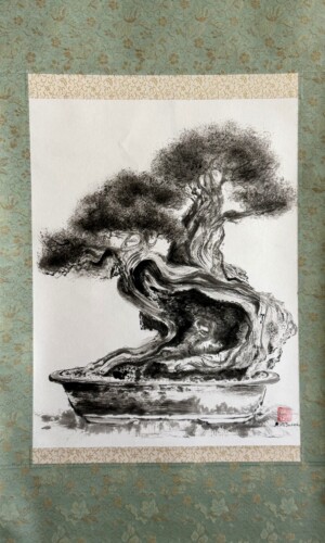 Bonsai 盆栽 - Tusz sumi na ręcznie wykonanym papierze washi, oprawa kakejiku w Japonii 86 × 36 cm