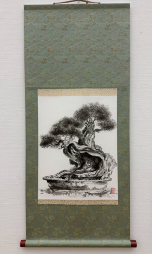 Bonsai 盆栽 - Tusz sumi na ręcznie wykonanym papierze washi, oprawa kakejiku w Japonii 86 × 36 cm