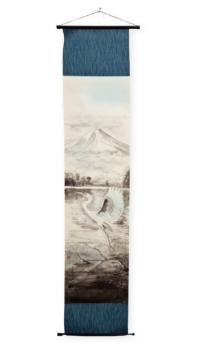Serenity of the White Heron / Spokój Białej Czapli - Tusz sumi na ręcznie wykonanym papierze washi z delikatną niebieską poświatą, oprawa kakemono w Japonii 163 × 35 cm