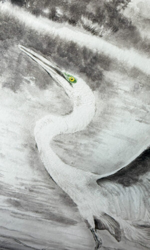 Serenity of the White Heron / Spokój Białej Czapli - Tusz sumi na ręcznie wykonanym papierze washi z delikatną niebieską poświatą, oprawa kakemono w Japonii 163 × 35 cm