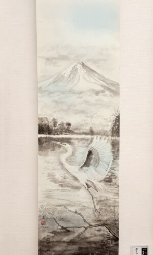 Serenity of the White Heron / Spokój Białej Czapli - Tusz sumi na ręcznie wykonanym papierze washi z delikatną niebieską poświatą, oprawa kakemono w Japonii 163 × 35 cm