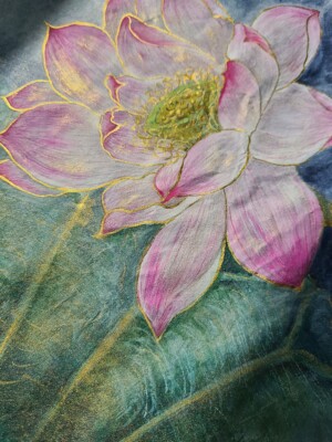 Lotus 蓮 / Lotos -Sumi ink, saiboku inks and 24-karat gold on handmade washi paper 43 × 30 cm