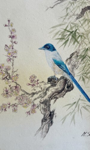 Where My Heart Is Singing / Tam, gdzie śpiewa moje serce - Tusz sumi i kolorowe tusze saiboku na ręcznie wykonanym papierze washi, oprawa kakemono w Japonii 163 × 35 cm