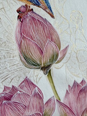 Kingfisher on the Lotus Flower / Zimorodek na Kwiecie Lotosu Gouache and 24-karat gold on silk mounted on paper 35 × 25 cm